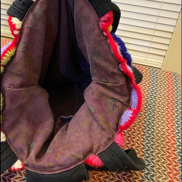 Super Cute Hand Made Unique Crochet Multicolored 3D Floral Black Shoulder Bag - Picture 13 of 15